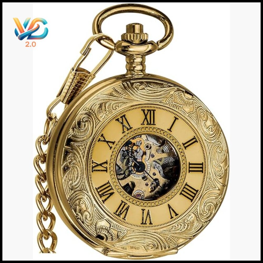 Vintage Mechanical Pocket Watch‎ with Chain, Skeleton Dial, Roman Numerals